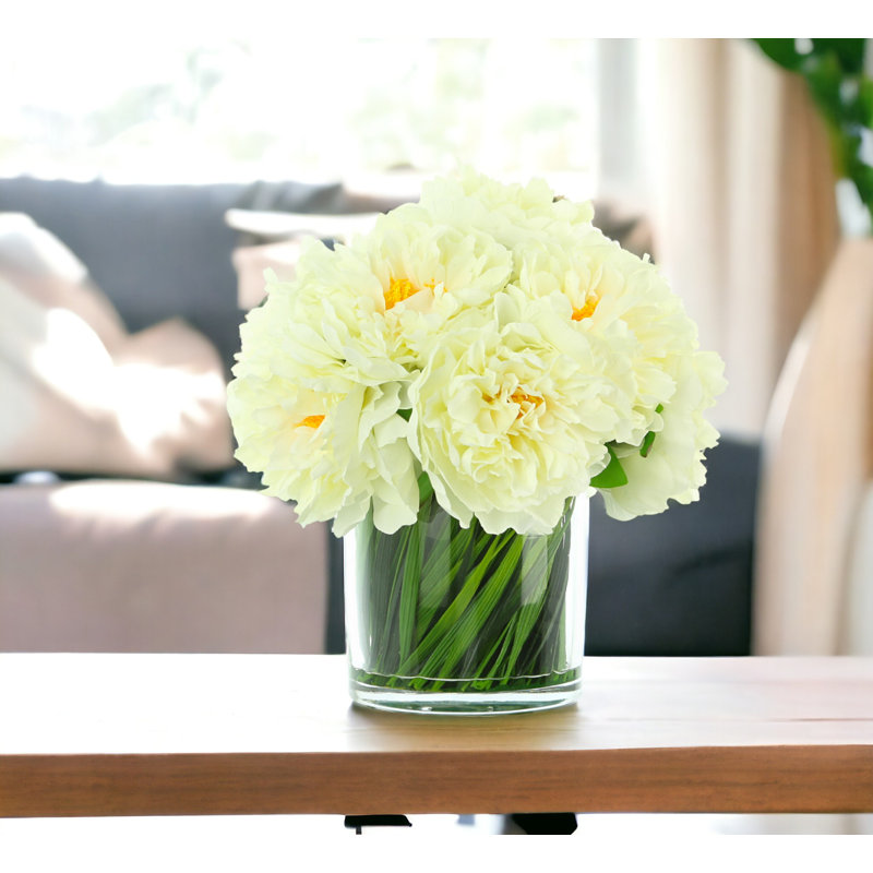 Peony Arrangement in Glass Vase with Grass, Cream