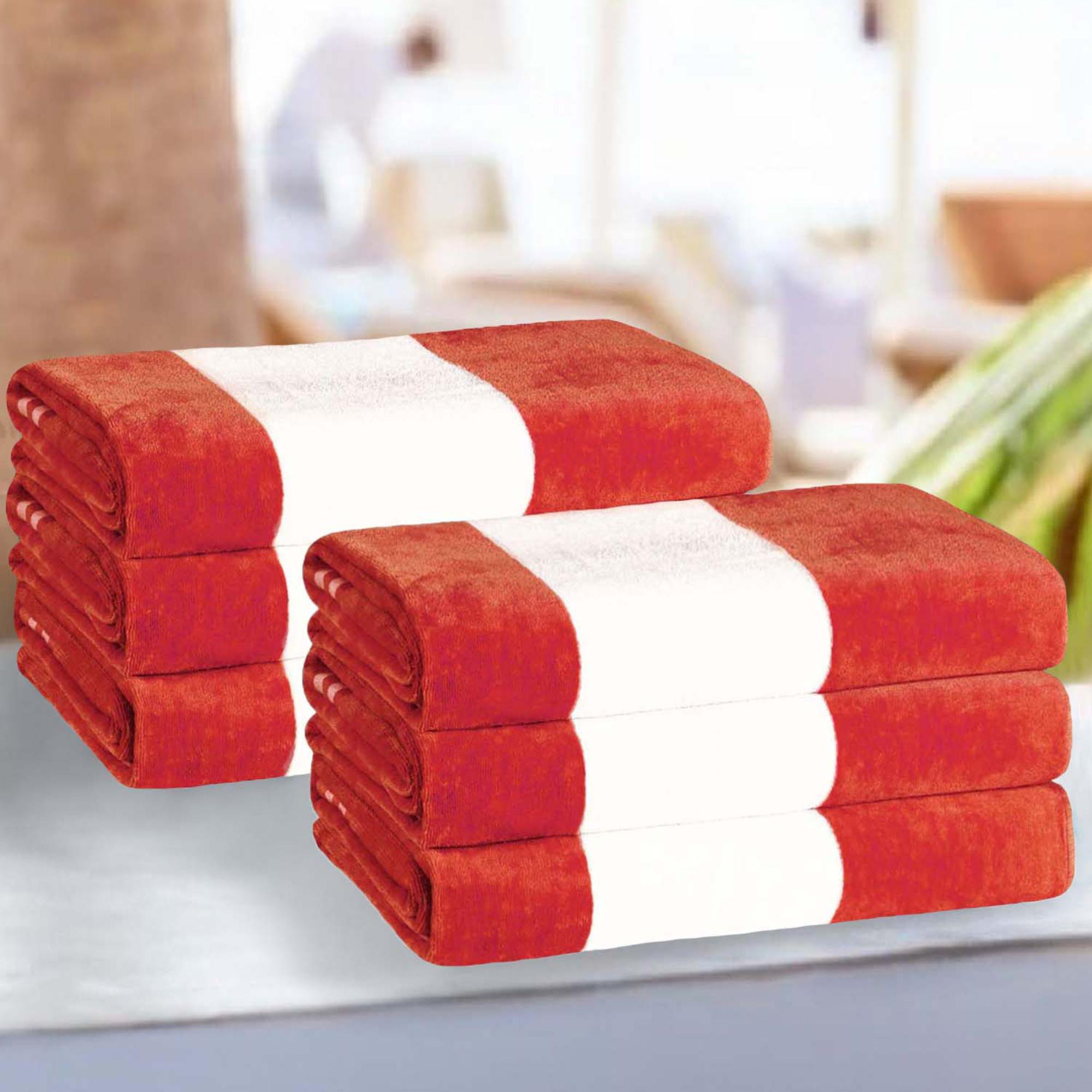 Calheta Cotton Oversized Cabana Stripe Beach Towels, Red, 6