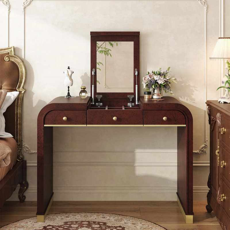 Meuble-lavabo classique en bois avec miroir rabattable, design 3 en 1, 2 tiroirs et rangement, finition espresso, Espresso
