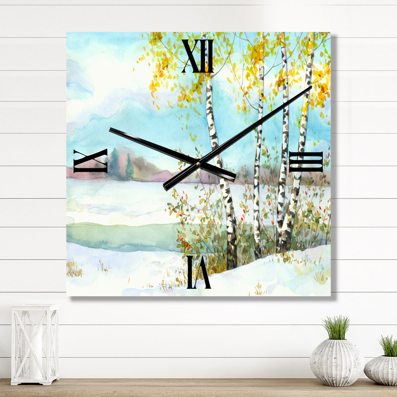 Horloge murale Birches in Snowy Field - Lake House, Moyen