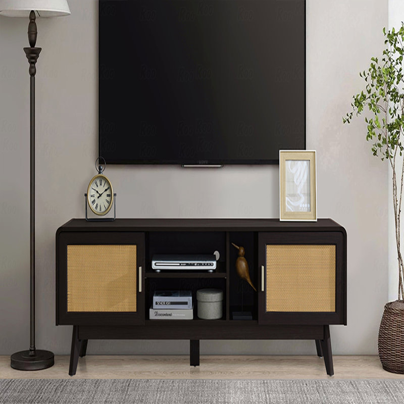 Dark Rattan Media Console Table - 2 Storage Cabinets, TV Entertainment Center