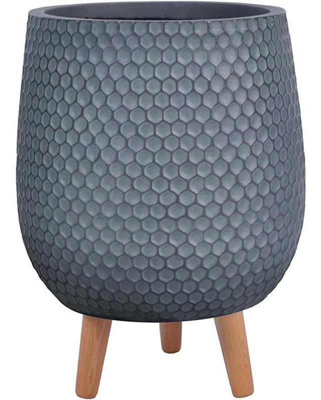 Concrete Effect Round Planter on Hardwood Legs, Round Indoor Plant Pot Stand for Indoor Plants, Indoor Flower Pot with Honeycomb Pattern