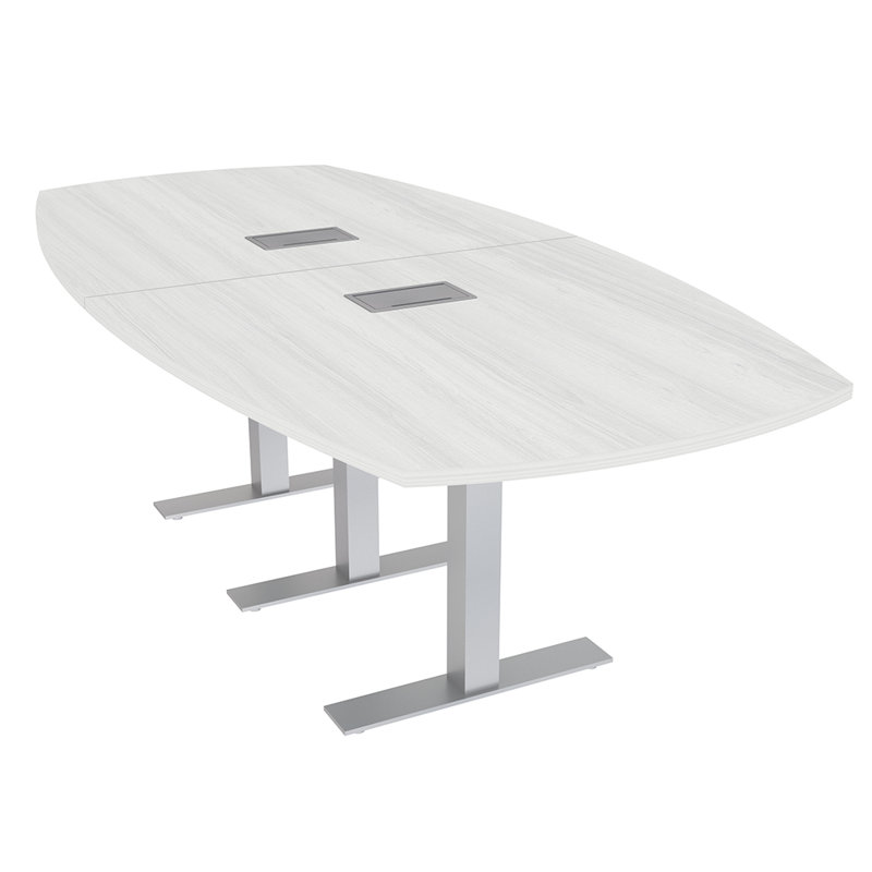 Table de conférence Arc Boat avec bases en T en métal et modules de données, L 96 po x l 48 po, Cyprès blanc, Argent argent