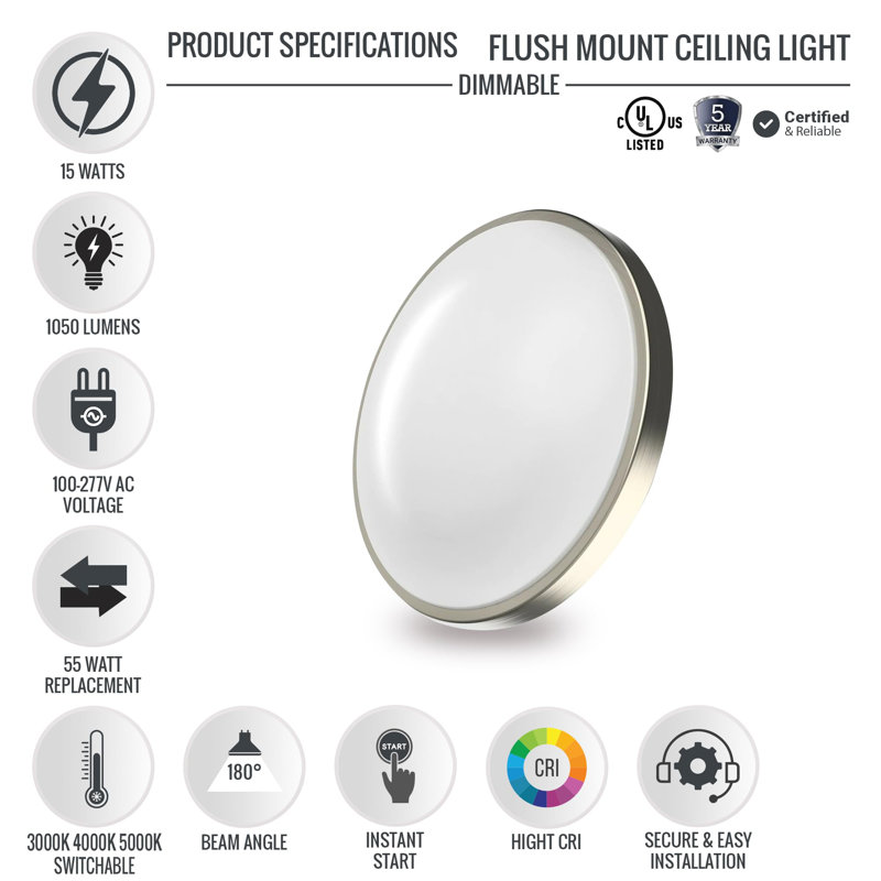 Plafonnier encastré 1 lumière à DEL Wellen, H 3,4 po x l 12 po x P 12 po, 15W, 1050