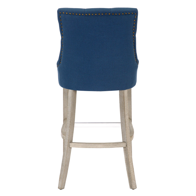 Linen Fabric Tufted Upholstered Counter Stool, Teal Linen/Antique Gray Frame, Bar Stool (29” Seat Height)