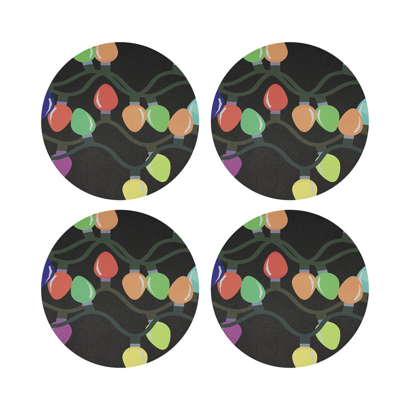 Xmas Tangle Black Vegan Leather Round Coasters, Black