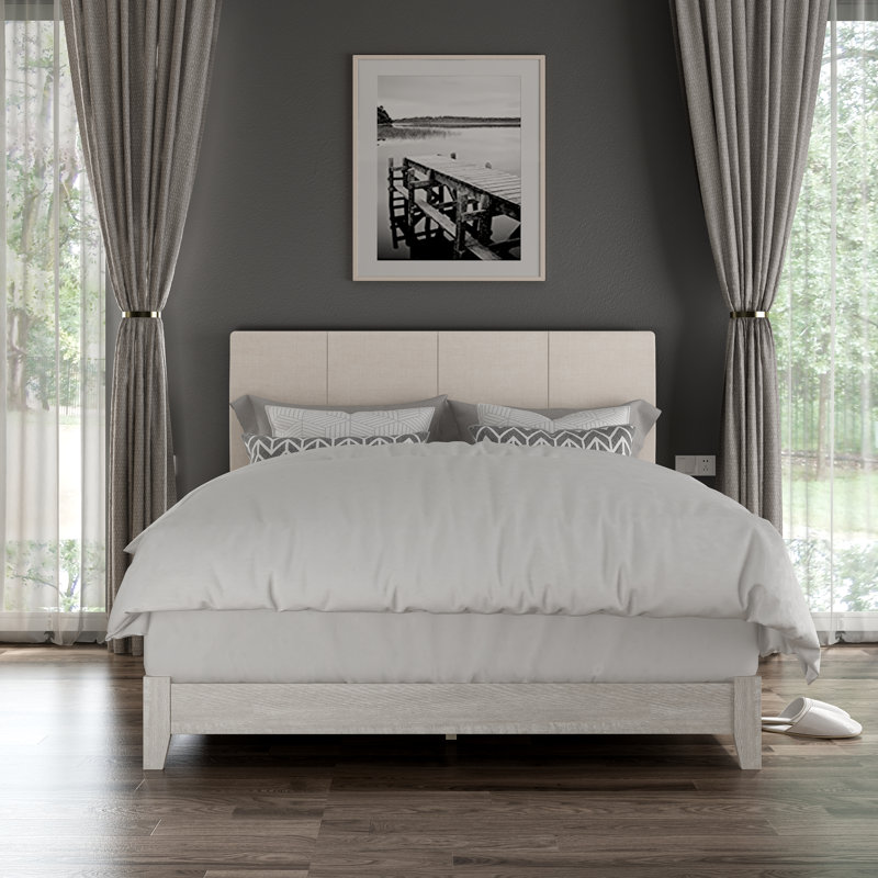 Lit plateforme tapissier Arinola, Chêne gris poussiéreux / beige