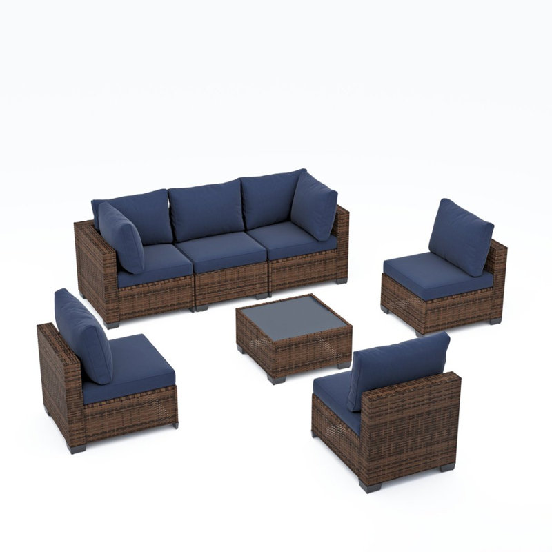 Ensemble de meubles de patio 7 pièces, ensemble de canapé modulaire en osier, ensemble de conversation modulaire en rotin avec coussins, ensemble de canapé et table basse pour l'extérieur, jardin, balcon, porche