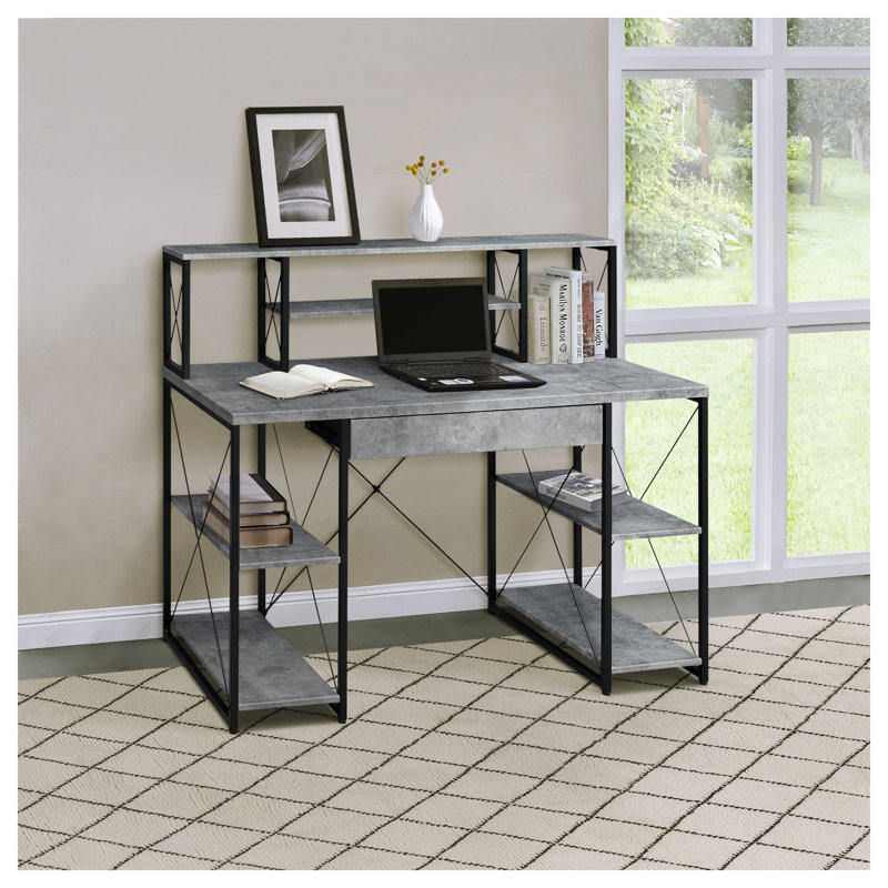 Bureau gris et noir avec tablettes du haut, tablettes ouvertes et tiroirs de rangement, Grey Concrete/Black