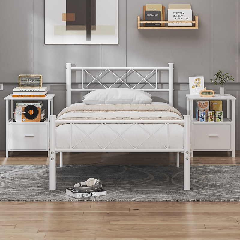 Kempst 3 Piece Bedroom Set, White Metal Bed Frame with 2 Nightstands, Twin Size Platform Bed with Headboard & Footboard, Bedside Tables with Drawer & Open Shelf Storage, Modern Farmhouse Bedroom Furniture Set of 3