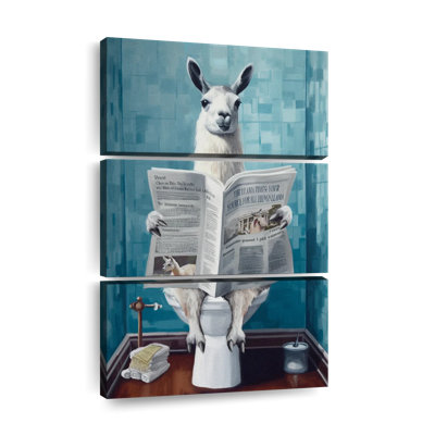 «Funny Animal Llama On A Toilette», reproduction sur toile 3 pièces par Furry Portraits