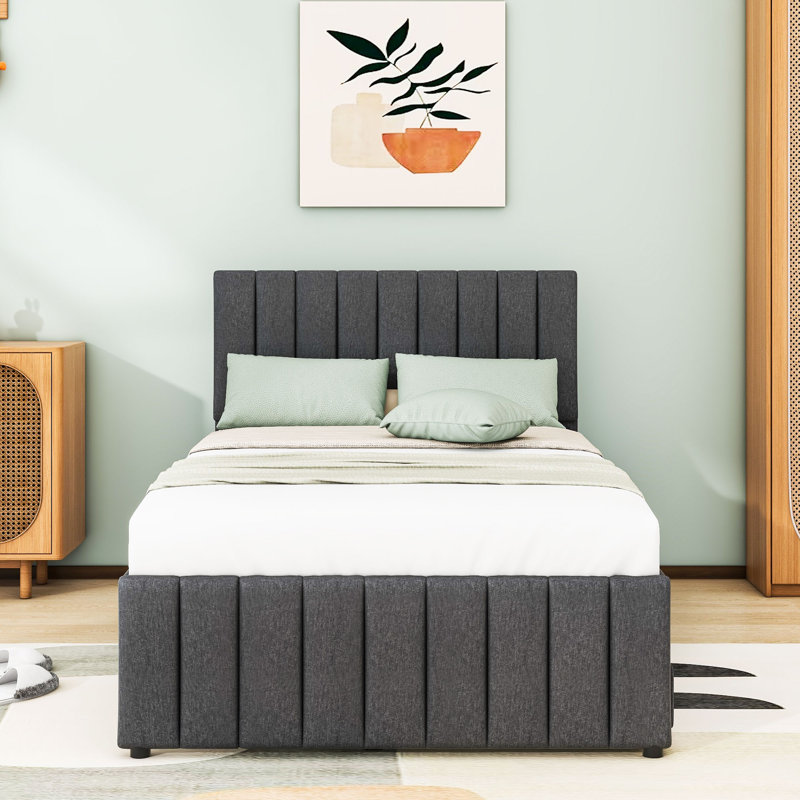 Lit plateforme tapissier avec couchette simple et tiroirs Cuevas Simpkins, Double, Gris