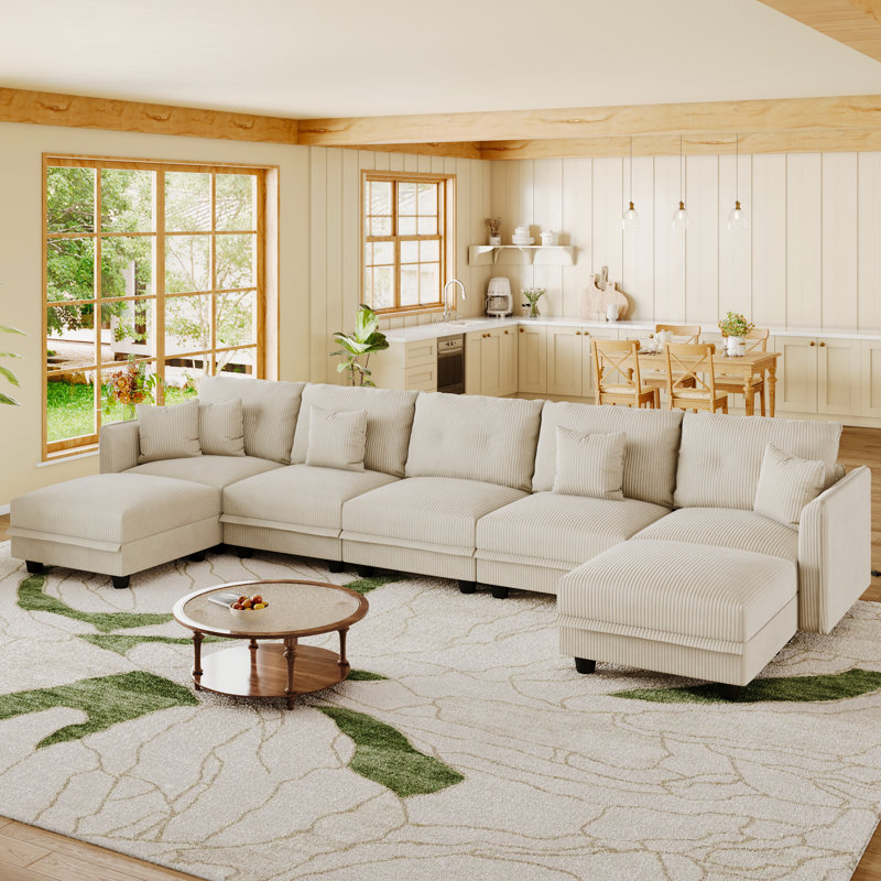 7 Seat Corduroy Convertible Modular Sectional Sofa With Storage, 5 Back Cushion 5 Throw Pillow, Beige Corduroy