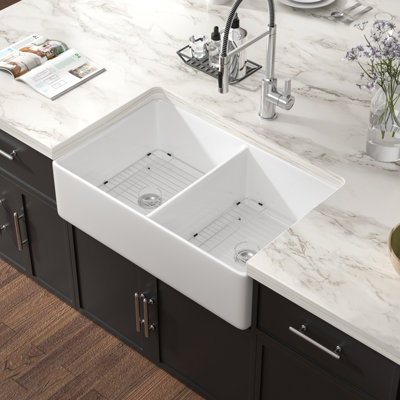 32" L x 20" W Ceramic Farmhouse Apron Kitchen Sink Undermount Double Bowl Porcelain Kitchen Sink with Bottom Grid