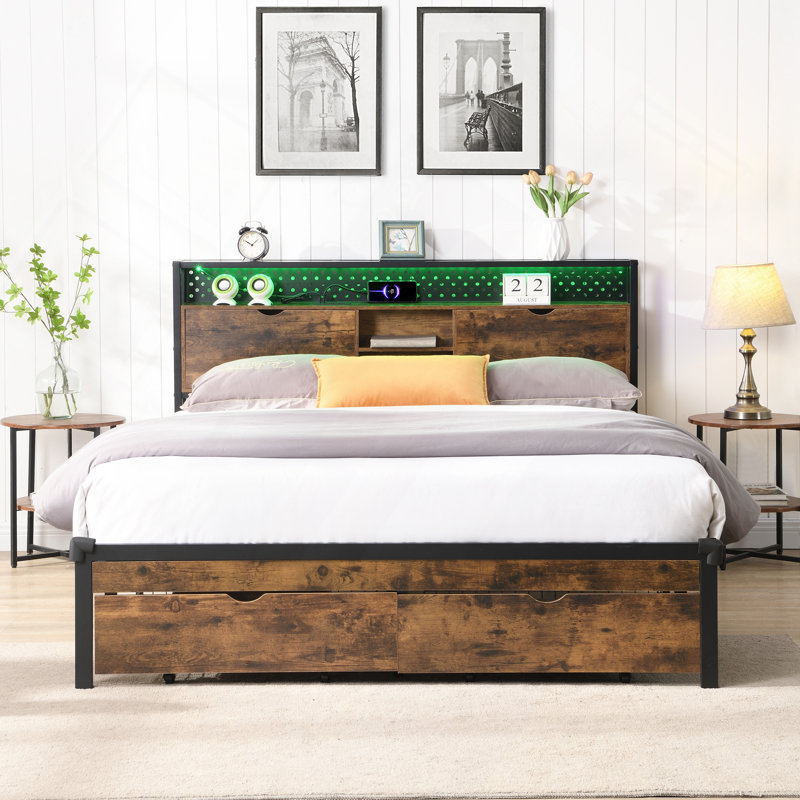 Base de lit plateforme en métal avec tête de lit en bois et pied de lit USB, station de charge, 2 tiroirs, rangement, lumières DEL, aucun sommier requis, assemblage facile