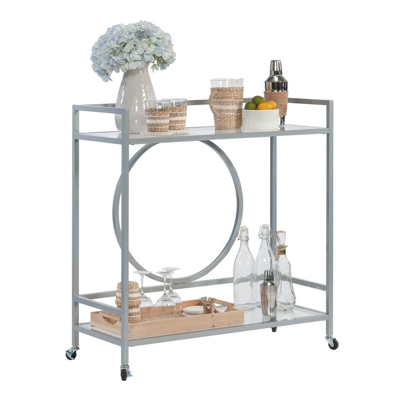 Chariot-bar en bois contemporain avec 2 tablettes en verre, gris