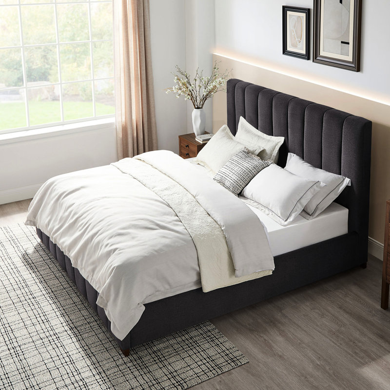 Structure de grand lit avec revêtement en tissu, tête de lit moderne, sans sommier tapissier, gris foncé, cadre revêtu de contreplaqué de caoutchouc, tête et style confortables, tissu gris, solide