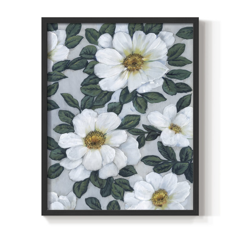«Bright White Flowers II», reproduction encadrée - bois massif, H 30 po x l 24 po, Noir