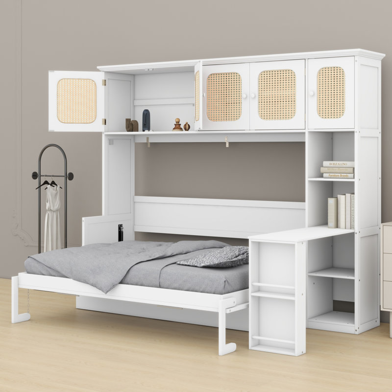 Lit escamotable avec bureau intégré et armoires de rangement en rotin, Blanc chaud