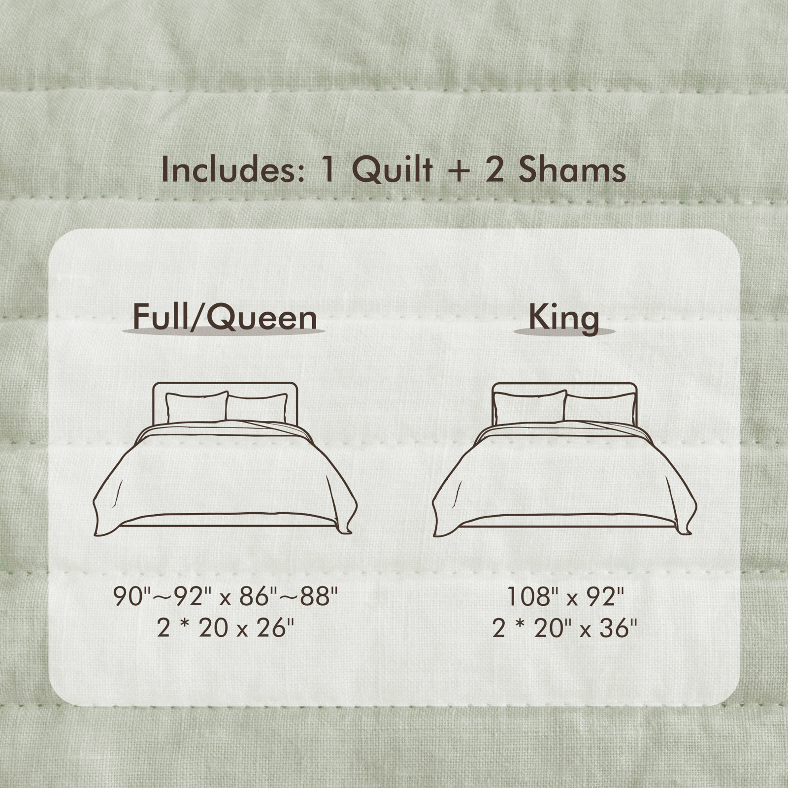100% French Linen Channel Quilted Breathable Quilt Set With Shams, Desert Sage, King Quilt + 2 King Shams