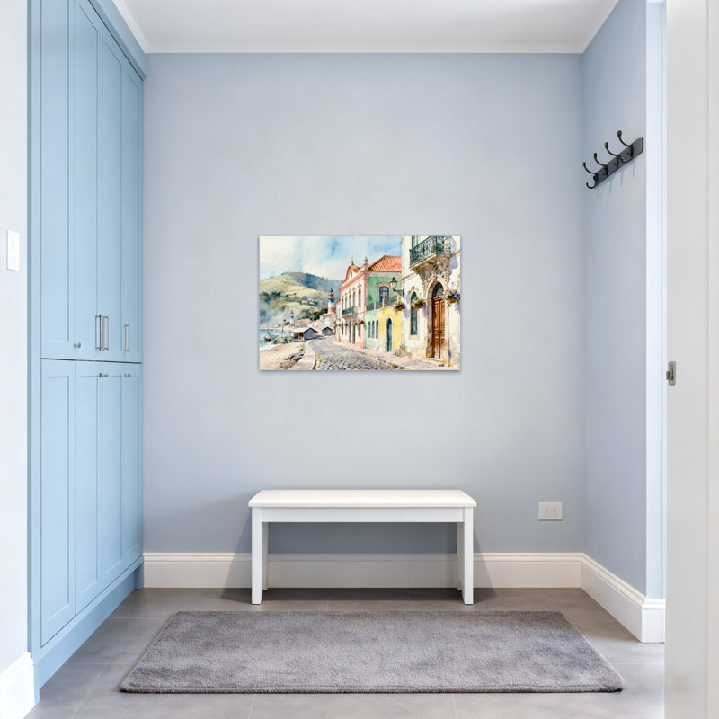 Scène d'aquarelle de ville côtière pittoresque, H 12 po x l 18 po