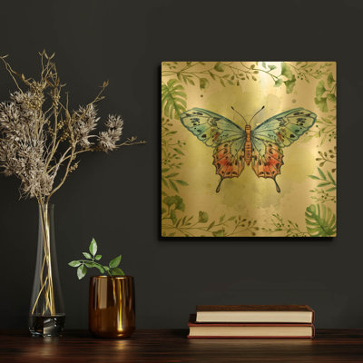 «Butterfly Botanical Garden» par Jean Plout, art mural en métal doré, 12 po x 12 po