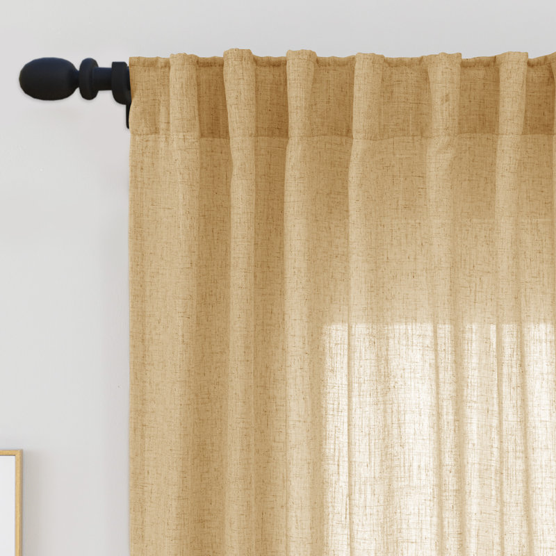 Toyoko Linen Blend Semi-Sheer Back Tab Curtains, 52" W x 108" L, Tan Brown
