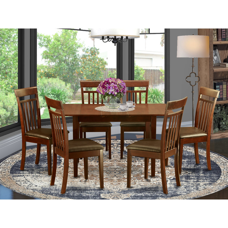 7 Piece Modern Dining Table Set Consist of a Rectangle Wooden Table with Butterfly Leaf and 6 Faux Leather Kitchen Dining Chairs, 32x54 Inch, Mahogany