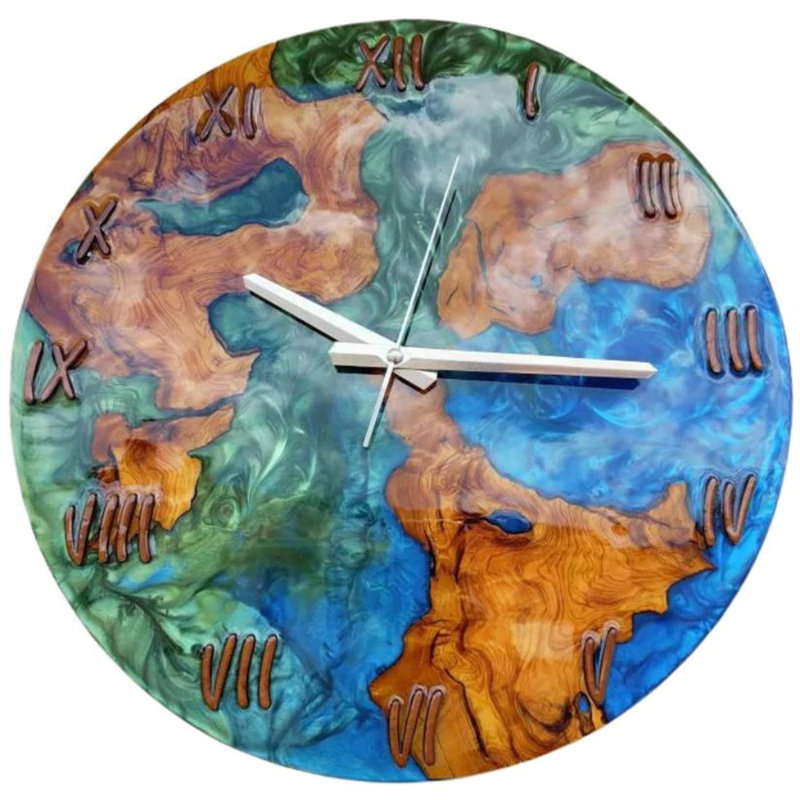 Horloge murale bicolore époxy et bois d'olivier, H 16 po x l 16 po x P 2 po, Terre et océan