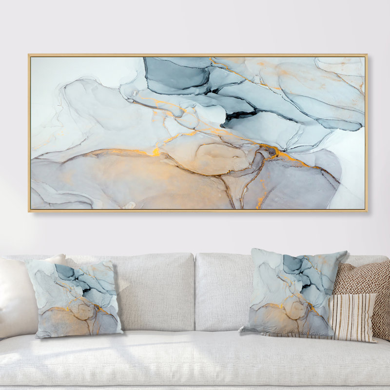Luxry Blue and Grey Marble Ripples II - impression sur toile, Cadre brun, H 28 po x l 60 po x P 1,5 po