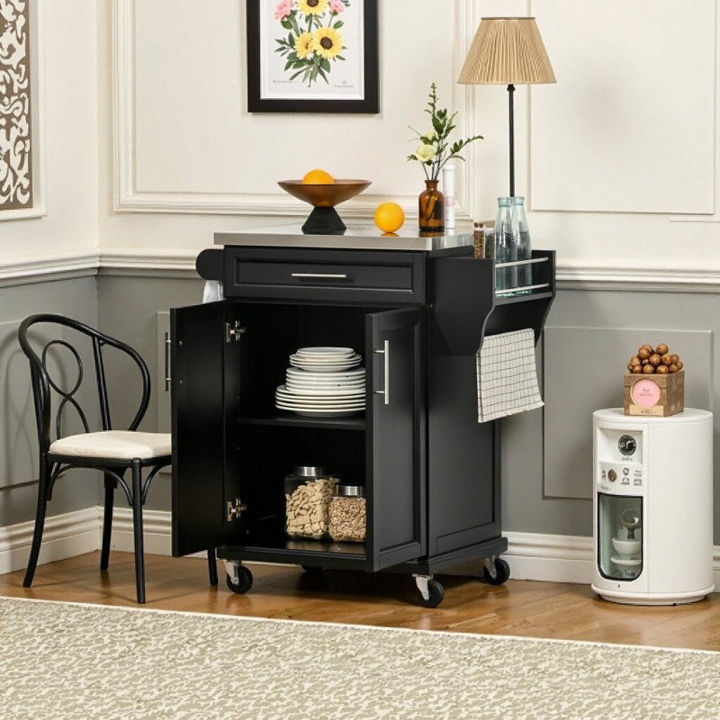 Îlot de cuisine noir sur roulettes avec comptoir en acier inoxydable, tiroir de rangement, porte-serviettes et porte-épices, chariot utilitaire mobile