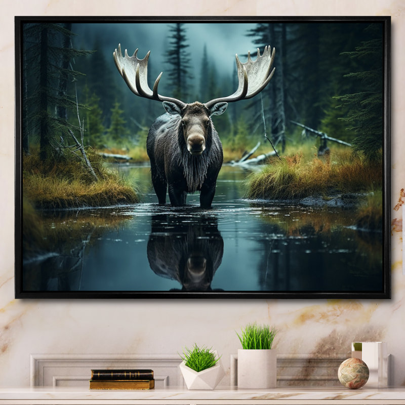 «Green Moose Forest Dusk», art mural orignal, H 24 po x l 32 po x P 1 po, Cadre flottant noir