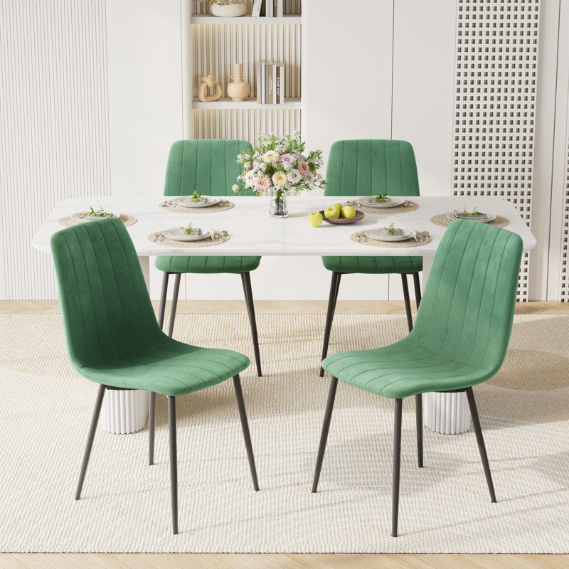 Marble texture 70.9 "Rectangular Dining Table Set, White, Green, 5