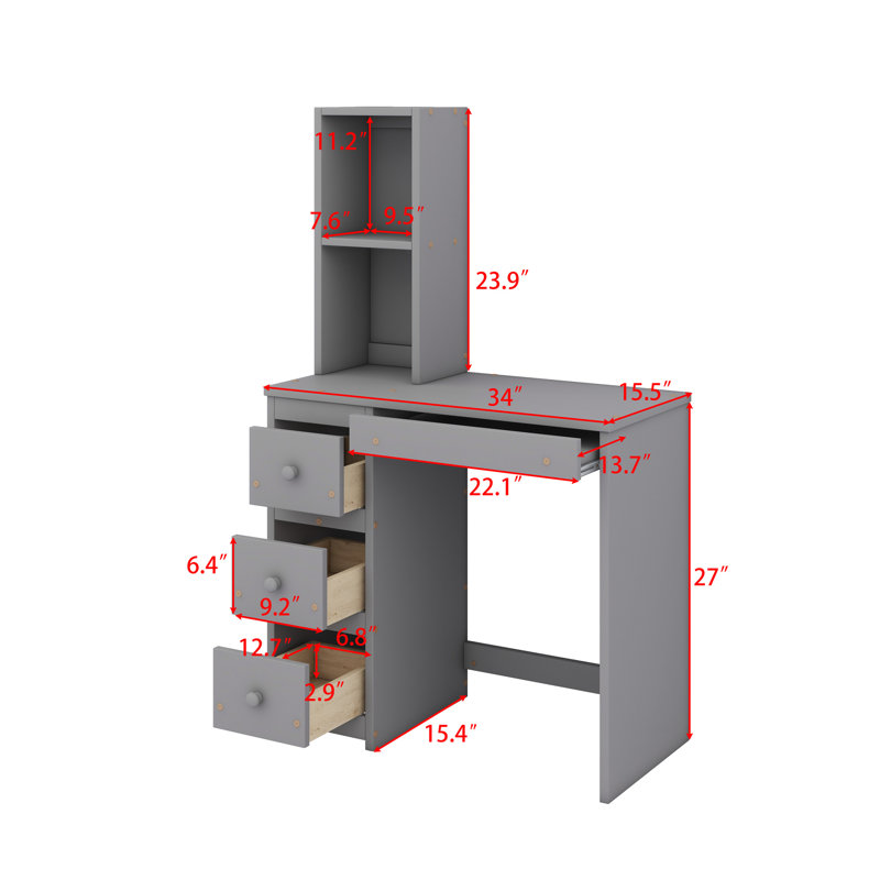 Lit mezzanine avec lit autonome, escalier de rangement, bureau, tablettes et tiroirs, Gris