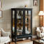 Élégante armoire vitrée en chêne clair avec portes en verre trempé, lumière DEL, panneau arrière en miroir et tablettes réglables - rangement parfait pour la maison et le bureau-762185982-766047358