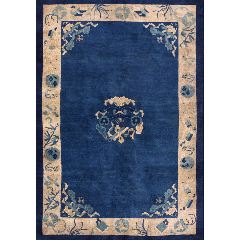 Solid Open Blue Color Field Antique Chinese Floral Medallion Pattern Peking Rug
