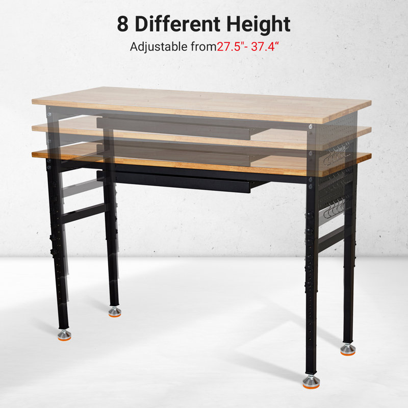 Établi réglable avec échelle, panneau perforé et 6 crochets, hauteur réglable de 29,5 po à 39,4 po, capacité de charge de 2 200 lb table de travail portative pour atelier, garage, bureau, maison, roues