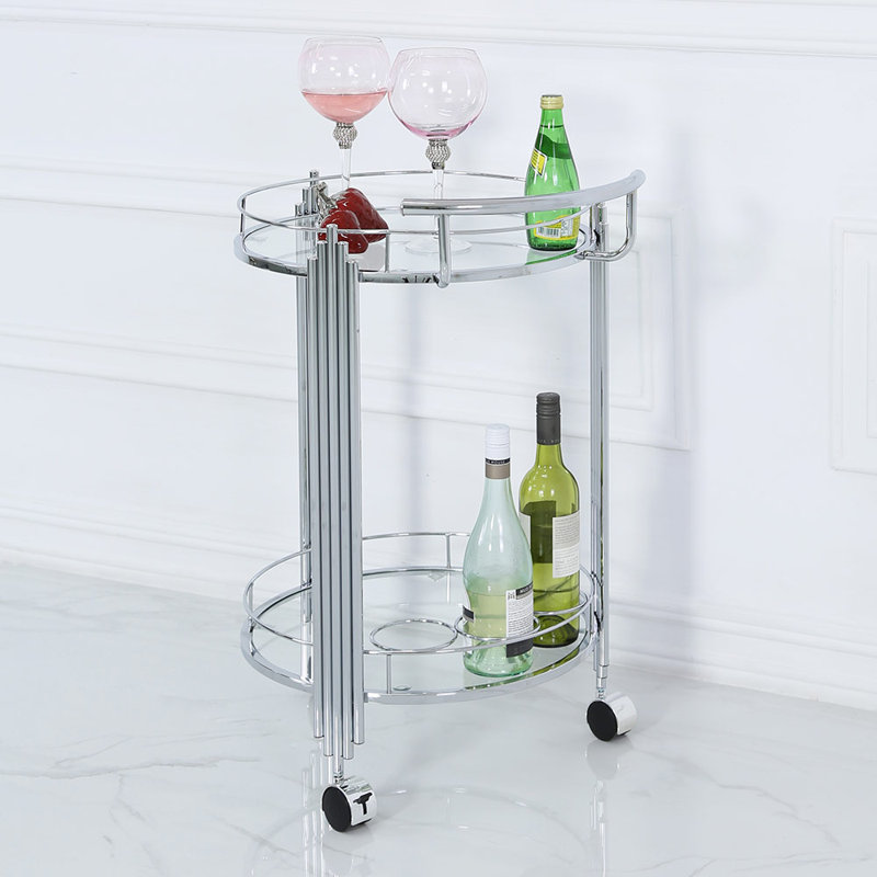 2 Tier Tea Wine Serving Cart for Kitchen, 75cm Drinks Metal and Tempered Glass Bar Trolley