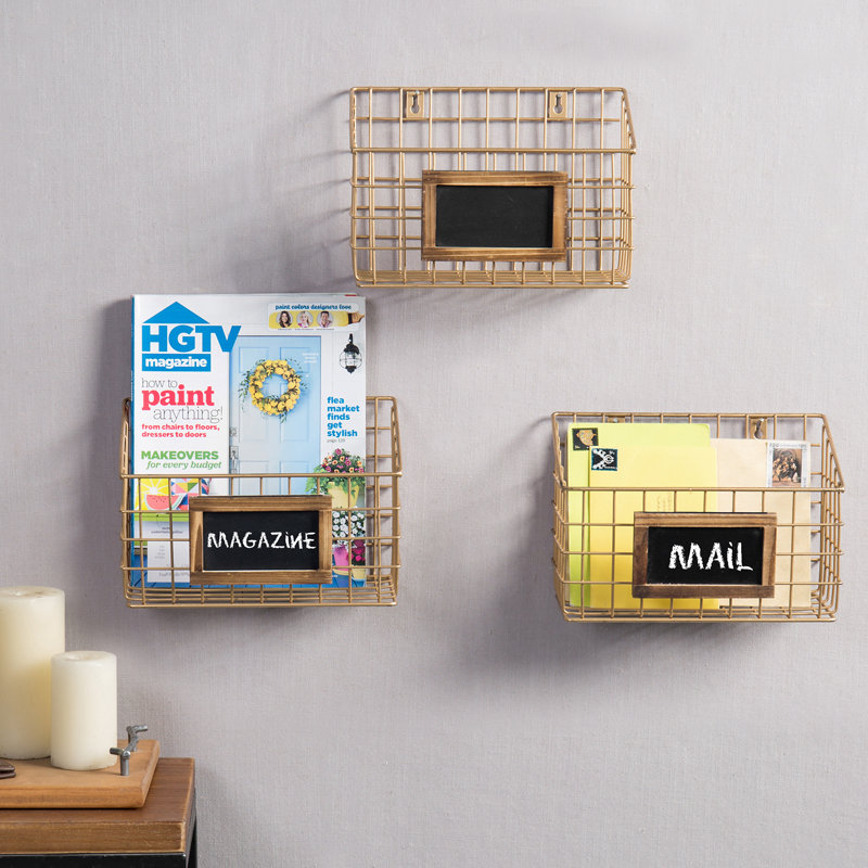 Wall 3 Piece Storage Organiser with Wall Baskets and Chalkboard, Gold