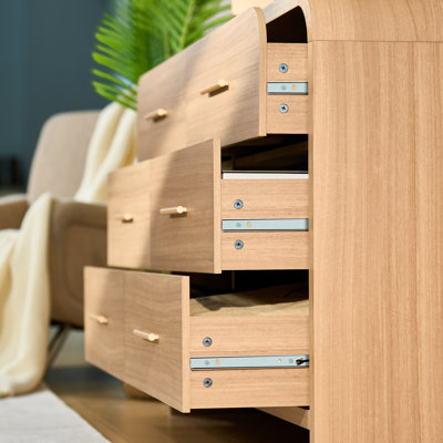 Commode 6 tiroirs en chêne avec coins arrondis - Meuble télé 60 po, bois d'ingénierie 1,18 po, capacité de 100 lb