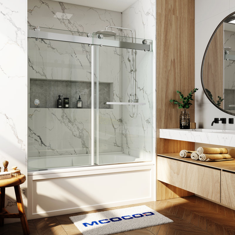 Opal Mirage MCOCOD 56"-60" W x 66" H Double Smooth Sliding Frameless Tub Door with 3/8"(10mm)Clear Glass, Brushed Nickel