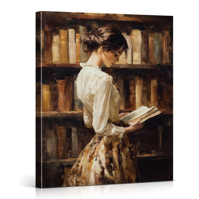 Vintage Bookish Woman Wall Art Woman In Library Canvas Print Poster Book Lover Gifts Wall Decor For Home Reading Nook Study 8X10 Inch Framed