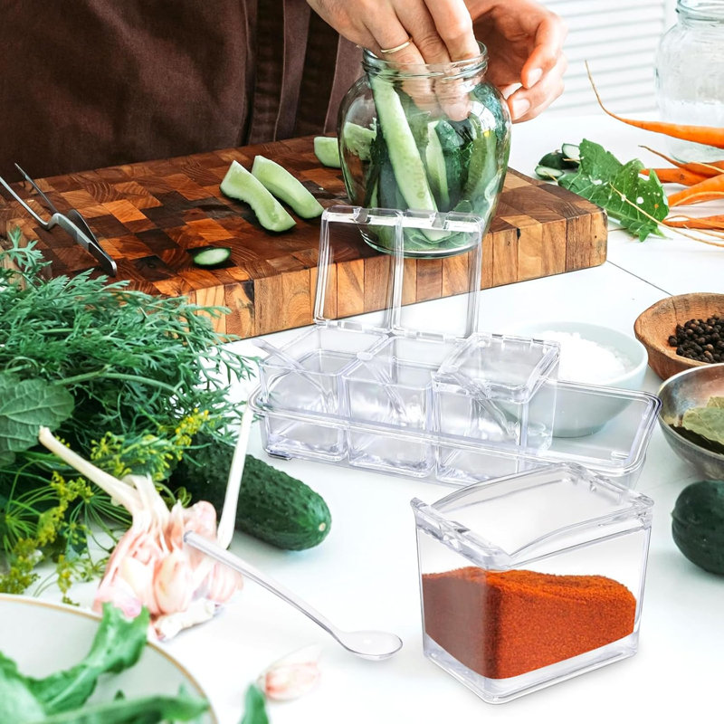 4-Cell Clear Seasoning Rack Spice Box, Storage Container Condiment Jars Acrylic Seasoning Box With Cover And Spoon (Enhanced Version Clear)