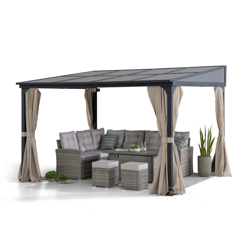 Sunjoy 10 x 12 ft Wall Mounted Gazebo with Polycarbonate Roof, Black Aluminum & Metal Frame Lean to Gazebo with Curtains and Netting