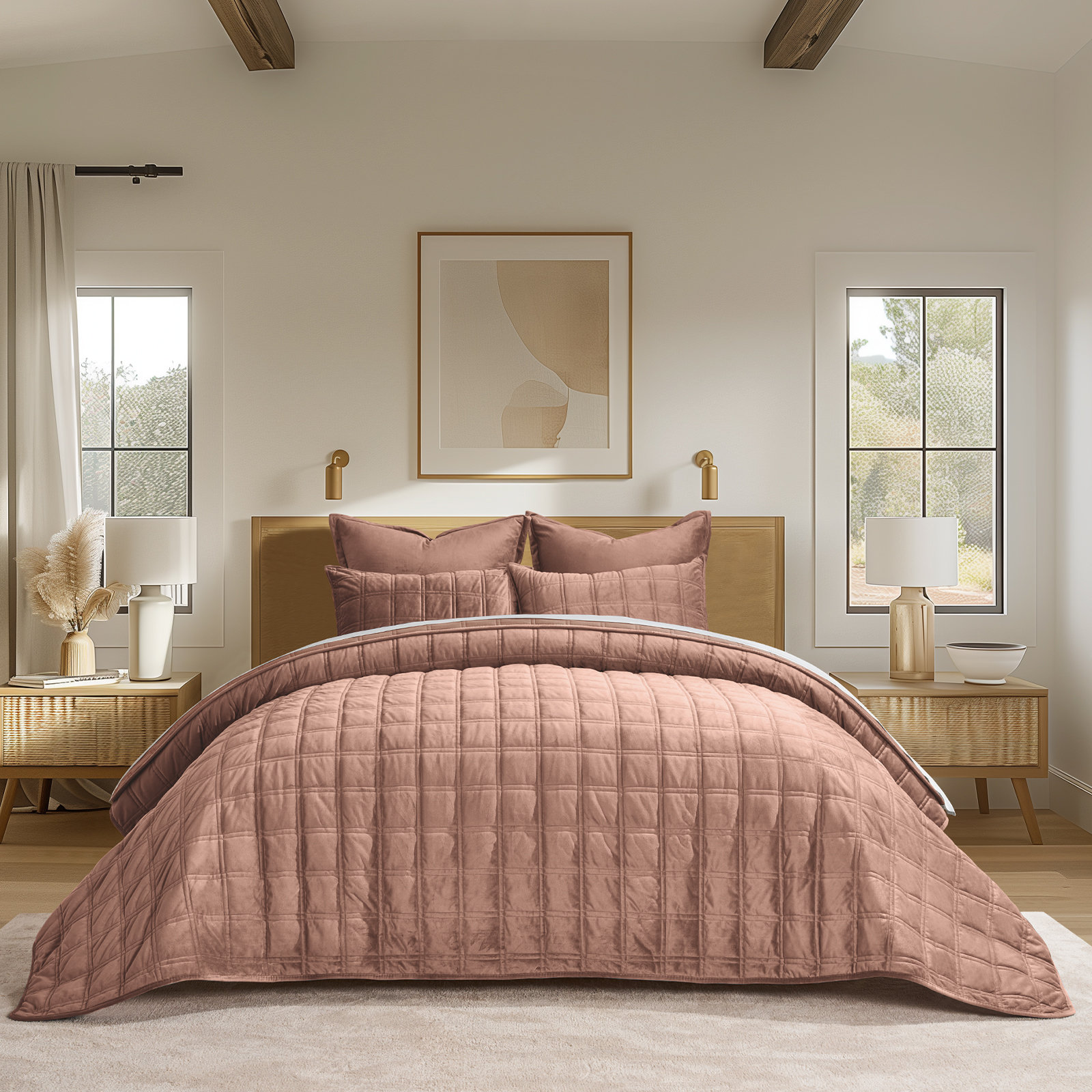Double Box Stitch Velvet Quilt set, Queen Quilt + 2 Queen Shams, Terracotta Clay