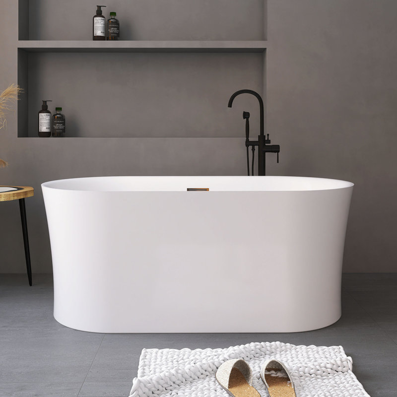 59 po X 31,5 po Baignoire de trempage autoportante en acrylique blanc brillant