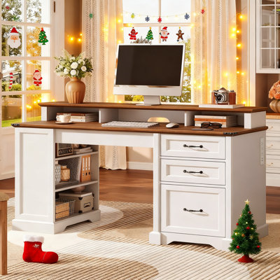 55.1" Farmhouse Executive Desk with Drawers, Computer Desk with File Cabinet and Side Bookshelf