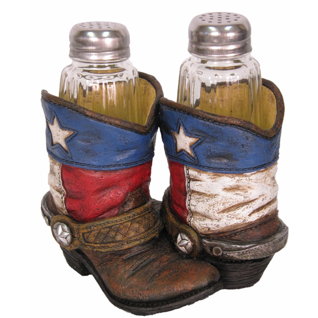 Faux Tooled Leather Texas Red, White, Blue Western Cowboy Boots Salt and Pepper Shaker Holder Set De Leon Collections