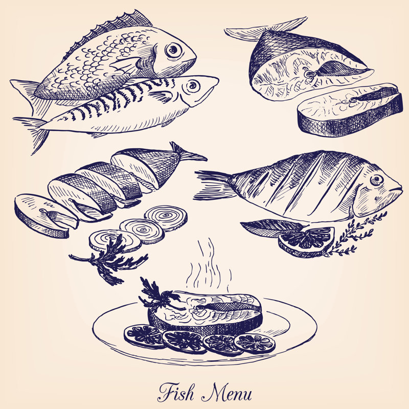 Hand Drawn Fish Dishes by Cat_arch_angel - Wrapped Canvas Print, 30cm H x 30cm W