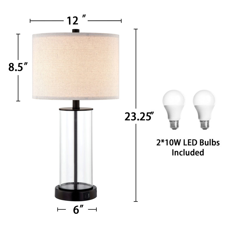Quinita 23"  Glass Table Lamp Set with Touch Control,  LED Bulbs, USB Ports, Black